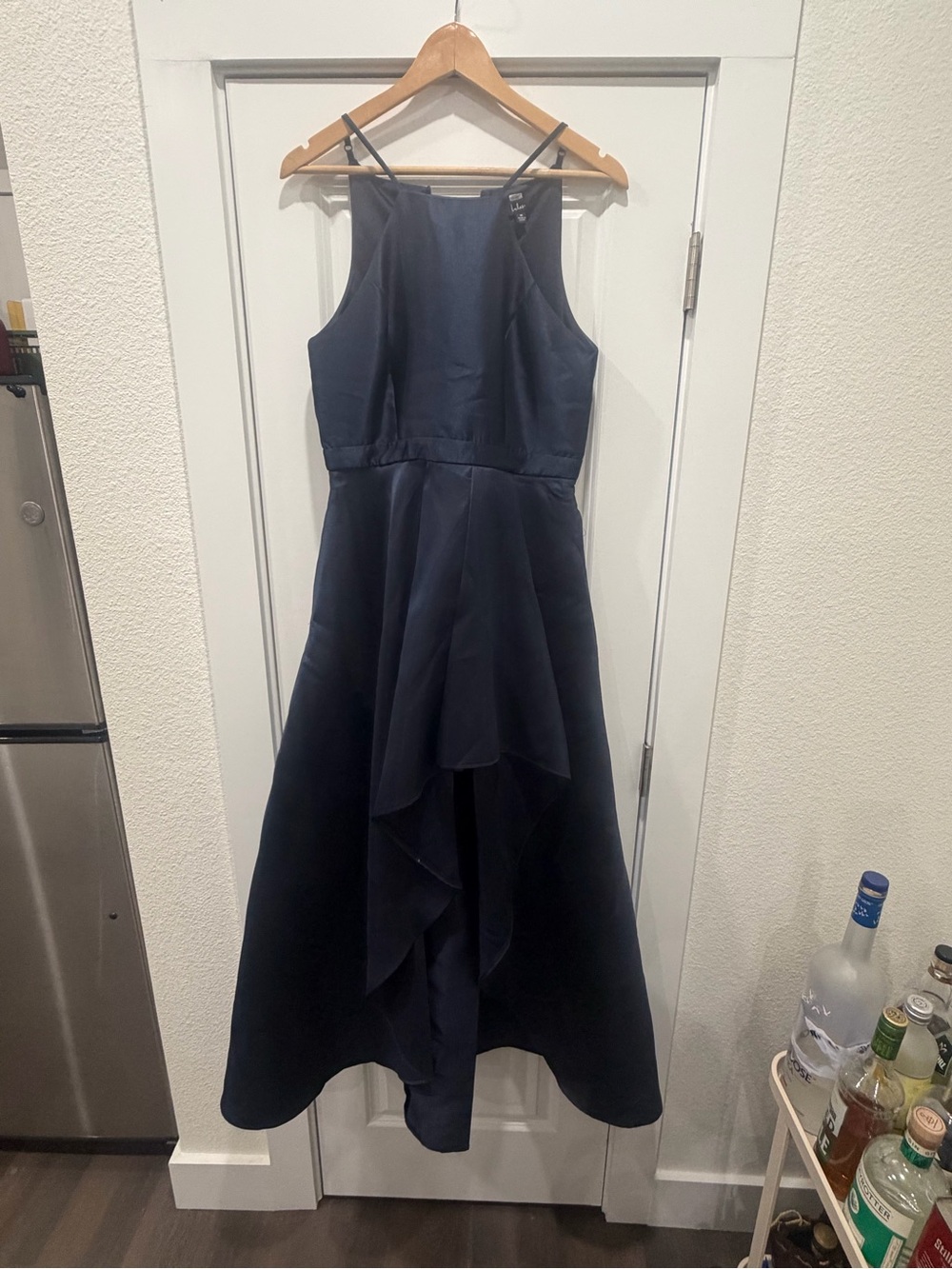 Lulu's Navy High-Low Satin Gown with Cascading Front